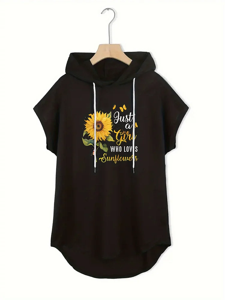 Women's Casual Sunflower Print Hoodie - Lightweight Breathable Polyester Blend, Loose Fit Batwing Sleeves & Adjustable Drawstring Hood, Black Spring Summer Top With Floral Design, Machine Washable Comfortable Casual Outfit, Relaxed Fit Clothing