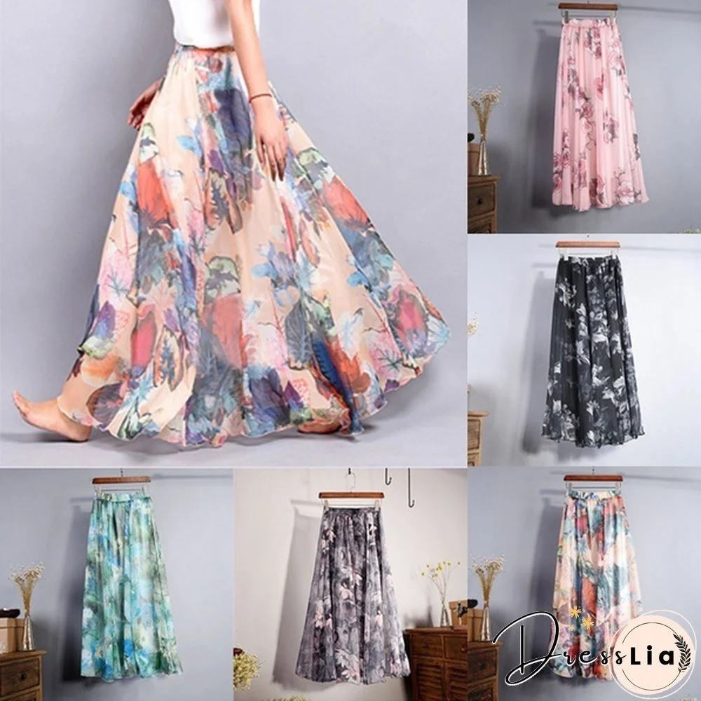 Women Boho Vintage Bohemia Chiffon Floral Printed Floor-Length Long Maxi Beach Dresses