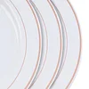 10 Pack | 10" Très Chic Rose Gold Rim White Plastic Dinner Plates, Disposable Party Plates