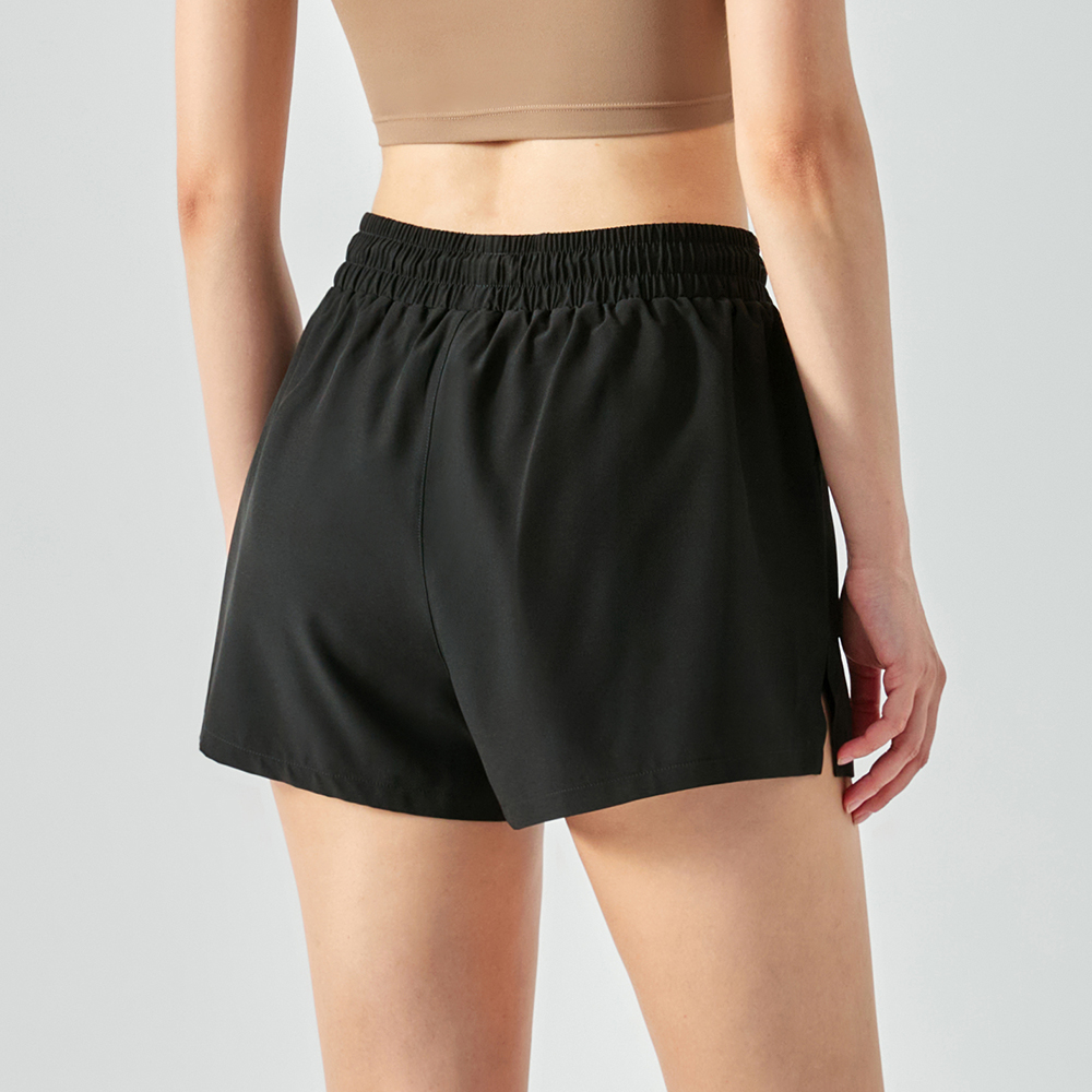 Black Shop 4 way stretch anti wardrobe malfunction comfortable polyester spandex fake 2 pieces gym running shorts with pockets online on Hergymclothing