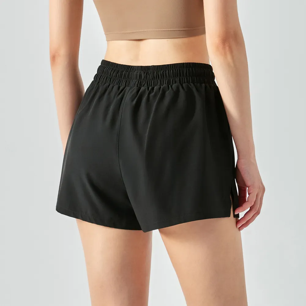 Black Shop 4 way stretch anti wardrobe malfunction comfortable polyester spandex fake 2 pieces gym running shorts with pockets online on Hergymclothing