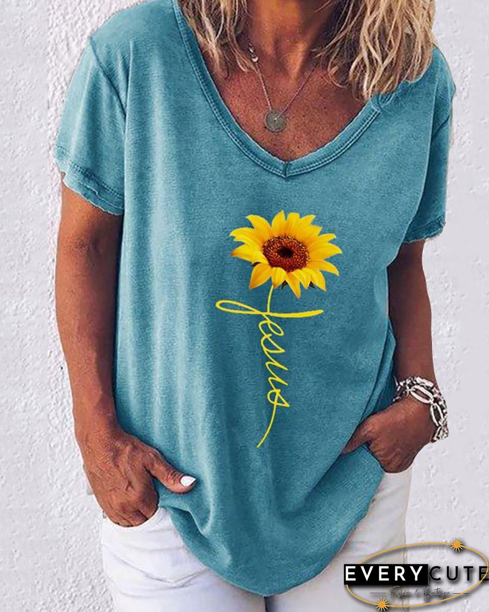 Sunflower Print Letter Pattern Casual T-shirt P15714
