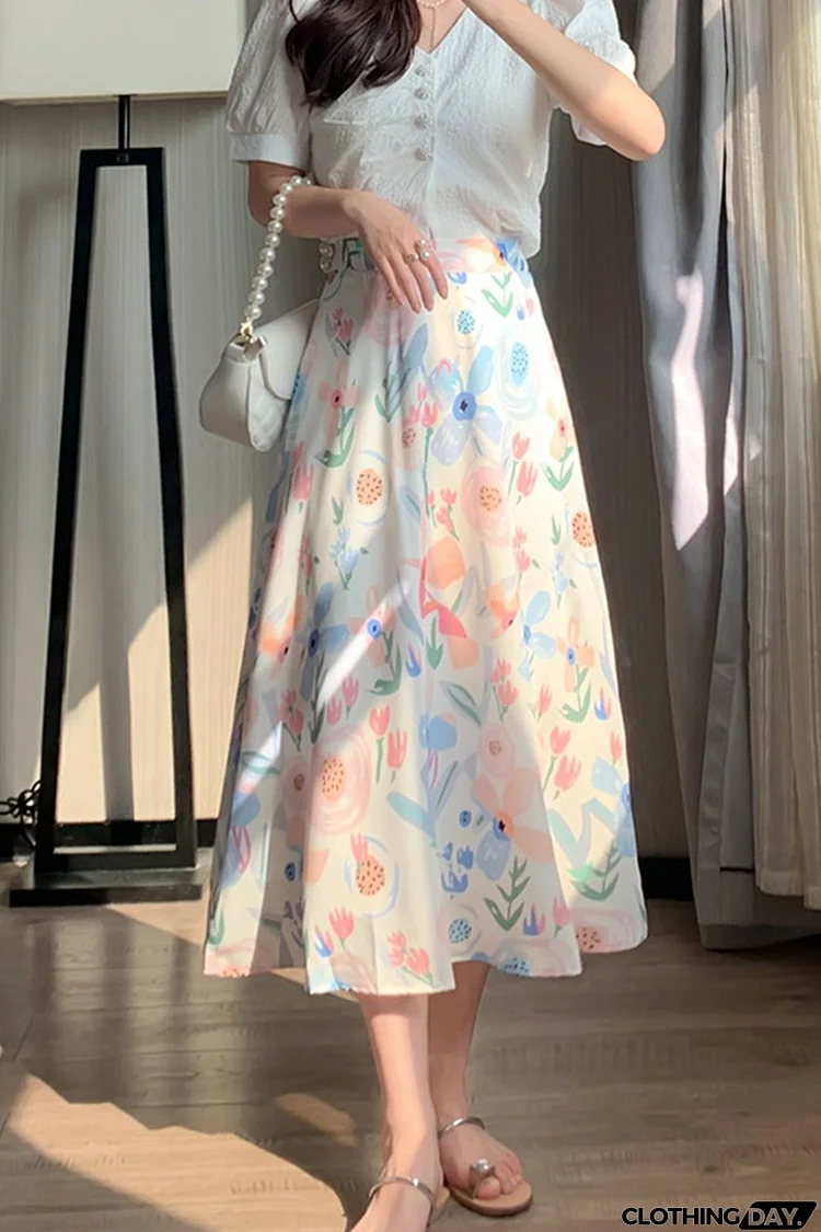 High Waist Fresh Floral Print Midi Skirt