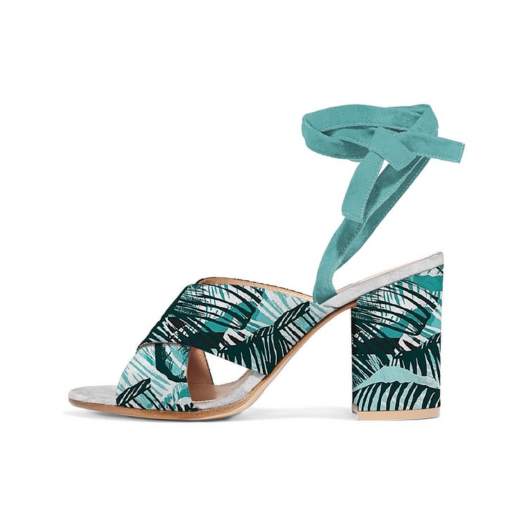 Turquoise Block Heel Sandals Floral Strappy Heels |FSJ Shoes