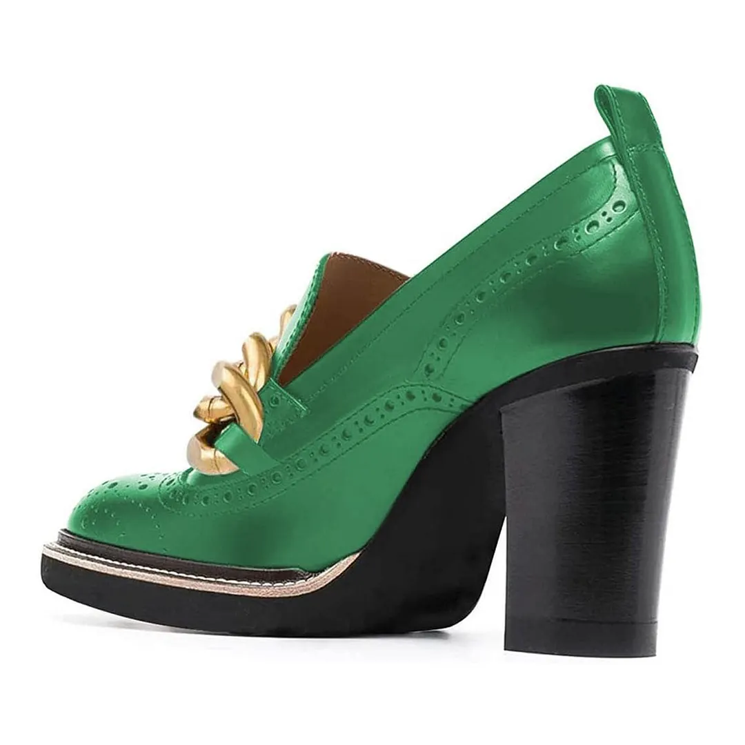 Green Vegan Leather Perforated Chain Chunky Heeled Loafers Women