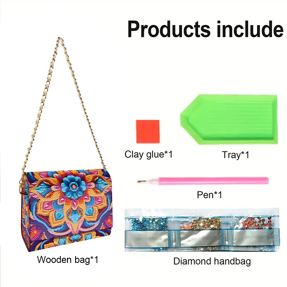 DIY Mandala Diamond Art Wooden Coin Pouch with Chain 5D Diamond Painting Purse