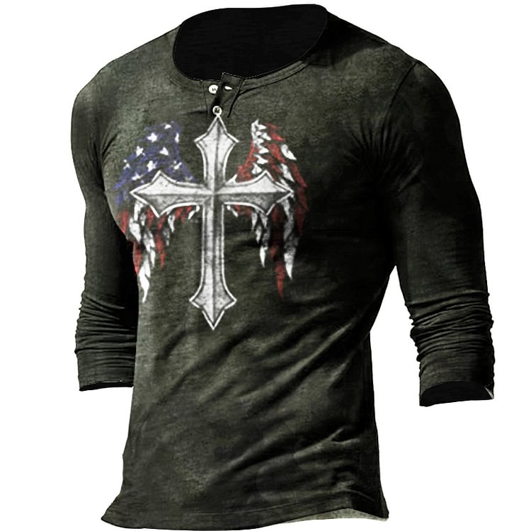 Jesus Cross American Flag Liberty Eagle Men's Henley Button Shirt
