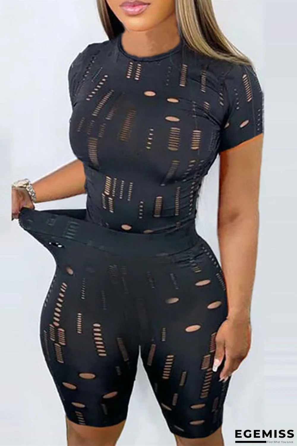 Black Fashion Sexy Solid Ripped Hollowed Out O Neck Short Sleeve Two Pieces | EGEMISS