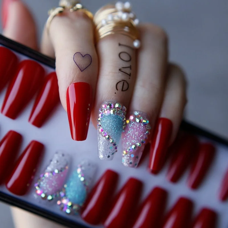 Valentine nails Luxury Coffin Love nails Red Acrylic False nails Logo customization Pink caviar AB Glitter transparent nail gel-Nail Inspo
