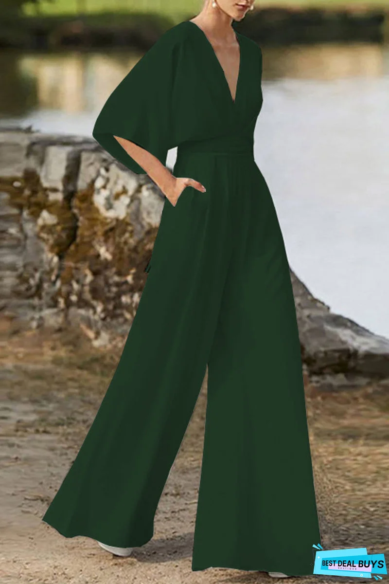 Elegant Solid Solid Color V Neck Boot Cut Jumpsuits(7 Colors)