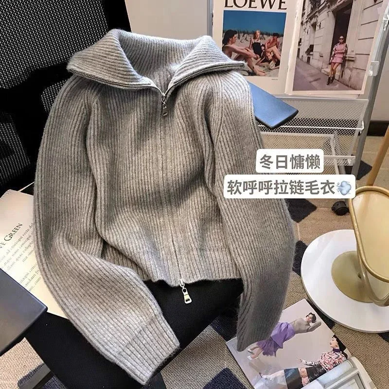 Nncharge Autumn Winter Knitting Long Sleeve Casual Zipper Cardigans Coat Women Solid Color Turn Down Collar Ladies Sweater Jacket