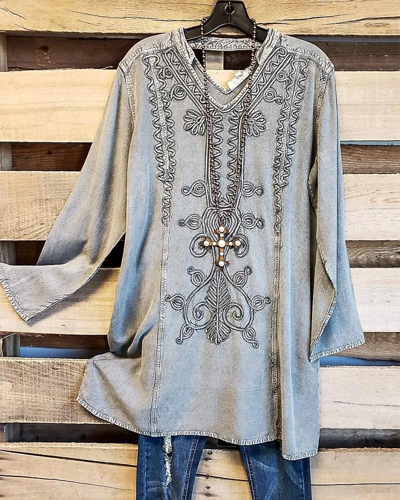Women's Ethnic Pattern Print V-Neck Long Sleeves Casual Denim Top