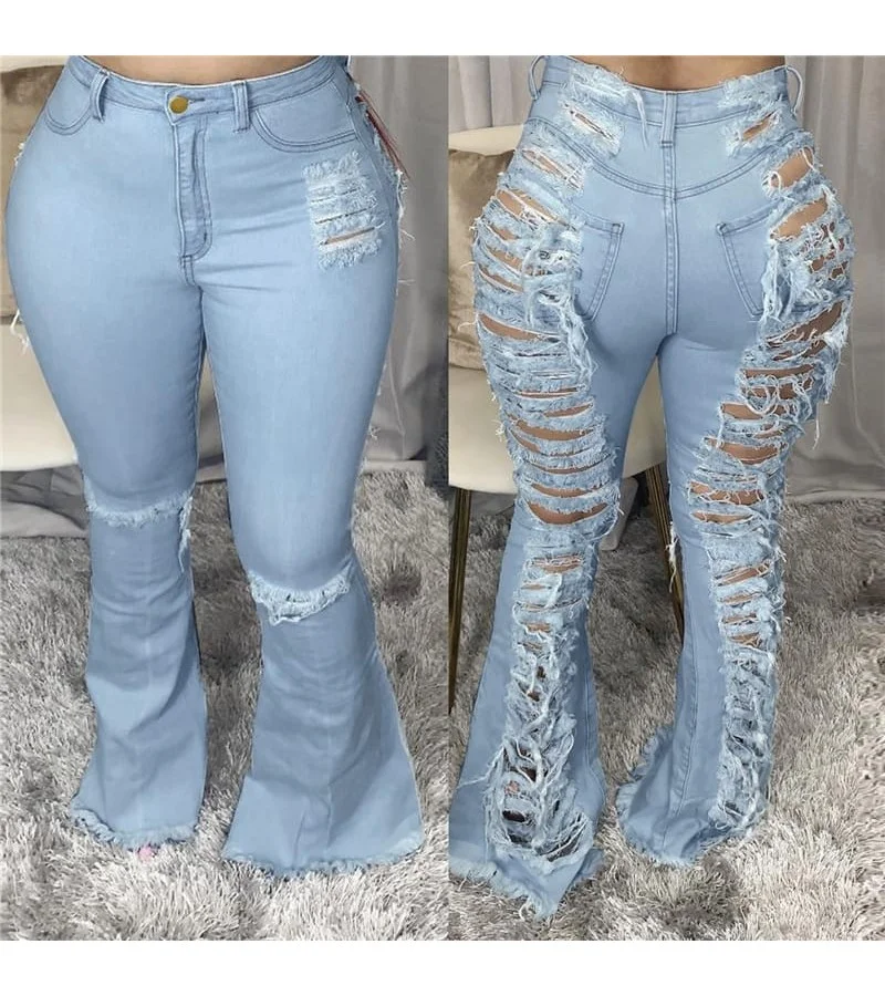 Women Fashionable High Waisted Raw Hem Ripped Jeans S-3XL