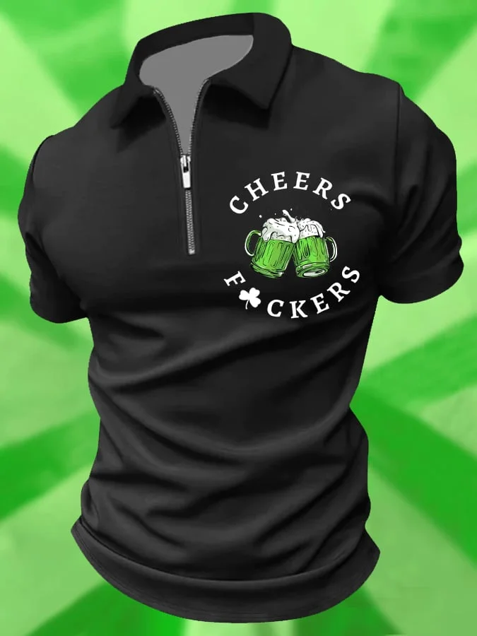 Men's Funny St. Patrick's Day Cheers Shamrock Green Beer Print Zipper Polo
