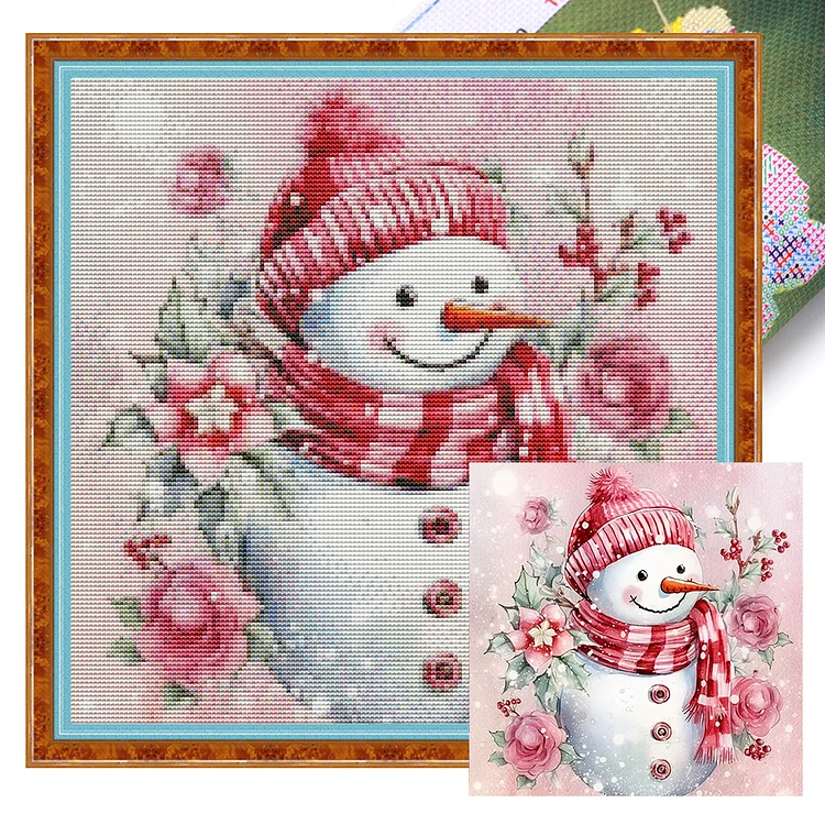 『HuaCan』Pink Snowman - 11CT Stamped Cross Stitch(40*40cm)