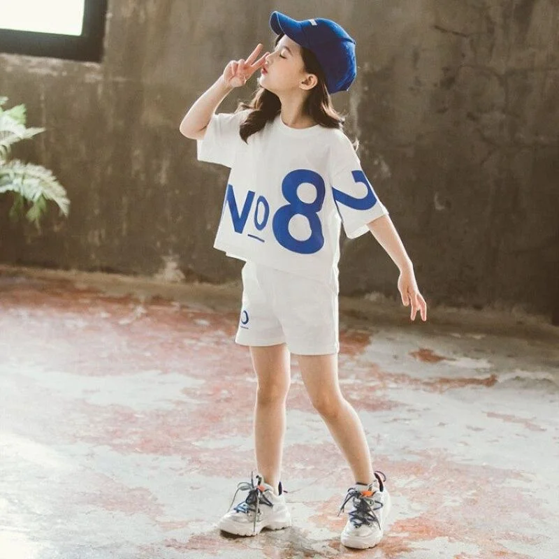 New Two Piece Loose Jacket Spring Autumn Letter T-Shirt Girls Kids Outerwear Teenage Top Children Clothes Shorts School Uniform