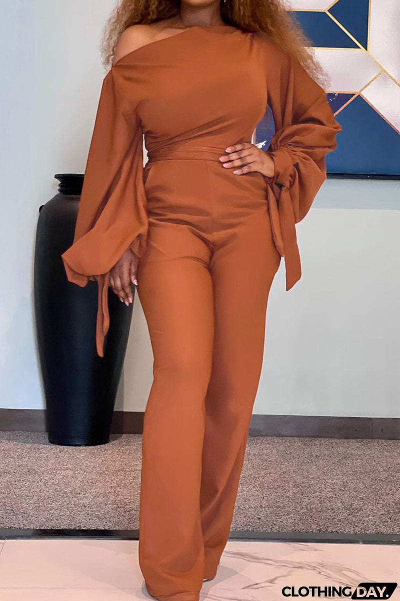 Fashion Casual Solid Bandage Oblique Collar Regular Jumpsuits(3 Colors)