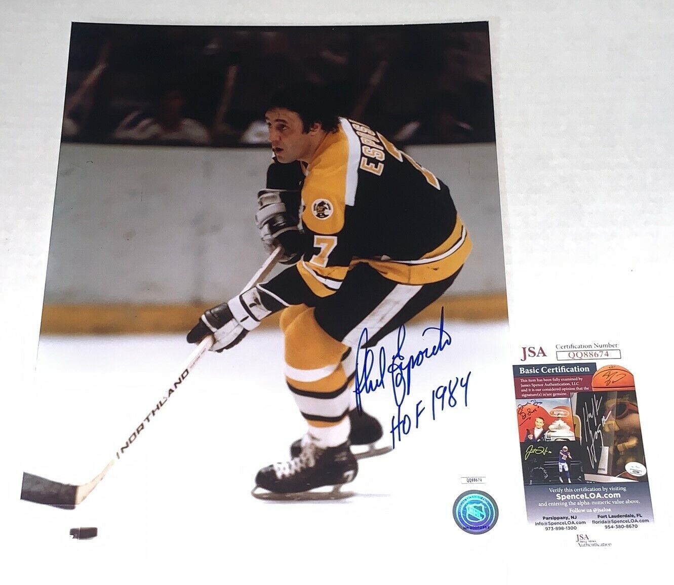 Phil Esposito signed Boston Bruins 11x14 Photo Poster painting autographed W HOF Inscription JSA