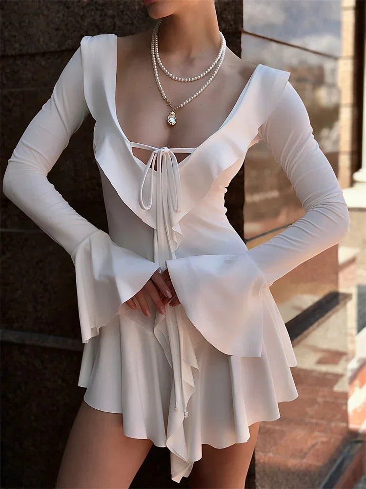 Women's V-Neck Patchwork Long Sleeve Sexy Slim Ruffled Lace-Up White Mini Dress