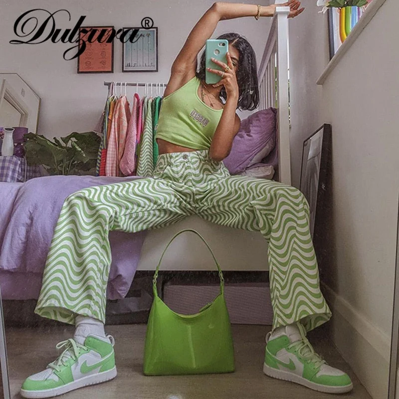 Dulzura Ripple Print Women High Waist Wide Leg Pants Jeans Loose Streetwear Casual Fashion 2021 Summer Clothes Bottoms Trousers