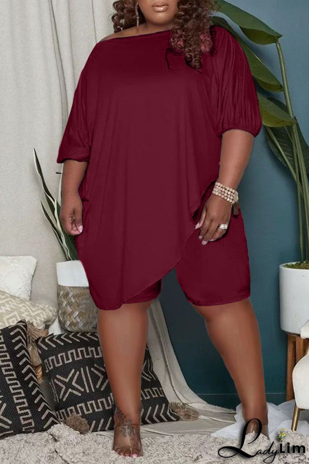 Burgundy Casual Solid Split Joint Asymmetrical Oblique Collar Plus Size Two Pieces