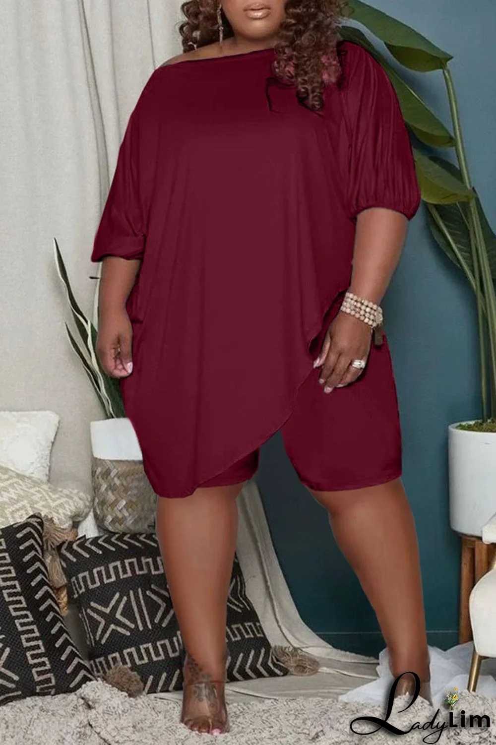 Burgundy Casual Solid Split Joint Asymmetrical Oblique Collar Plus Size Two Pieces