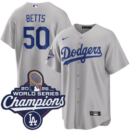 Youth Los Angeles Dodgers #50 Mookie Betts  Gray 2025 World Series Champions Home Replica Jersey