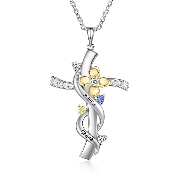 Collar de cruz de flores personalizado 2 piedras de nacimiento y 2 nombres para ella
