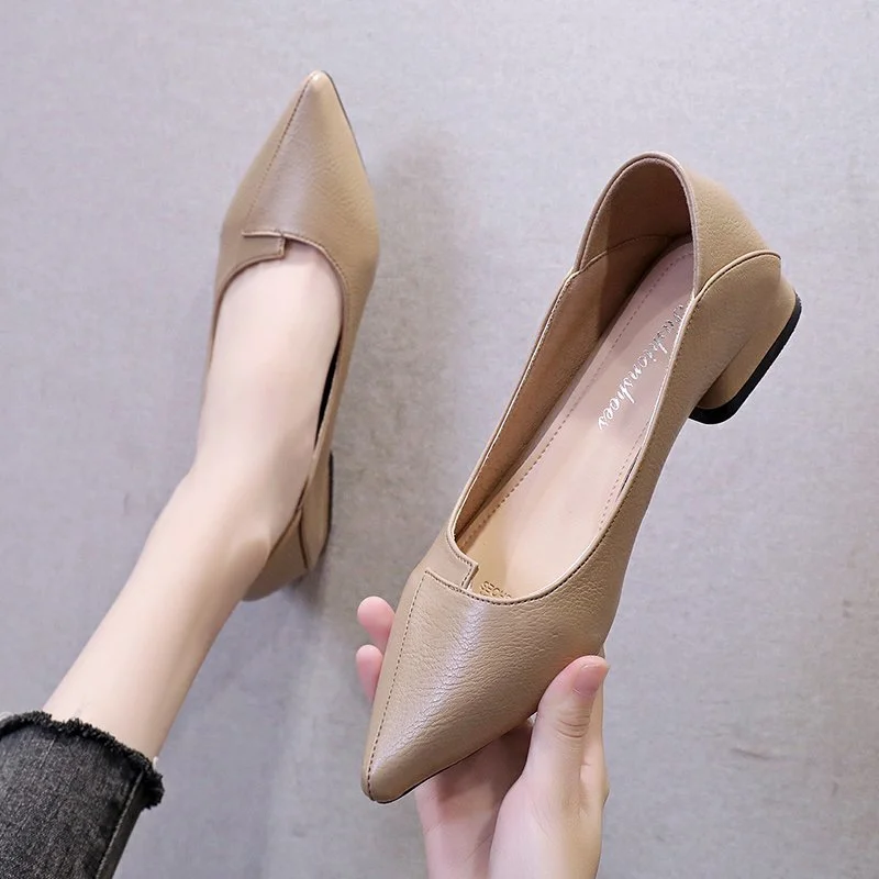 2020 Women Leather Pumps Shoes Office Lady Med Square Heel Pointy Toe Slip On Work Shoes Classic Heel 4 cm