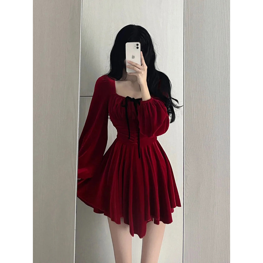 Aiertu - Chic A line Square Neckline Long Sleeves Red Velvet Party Dress Birthday Dresses Birthday Outfits HOT1228 Aiertu