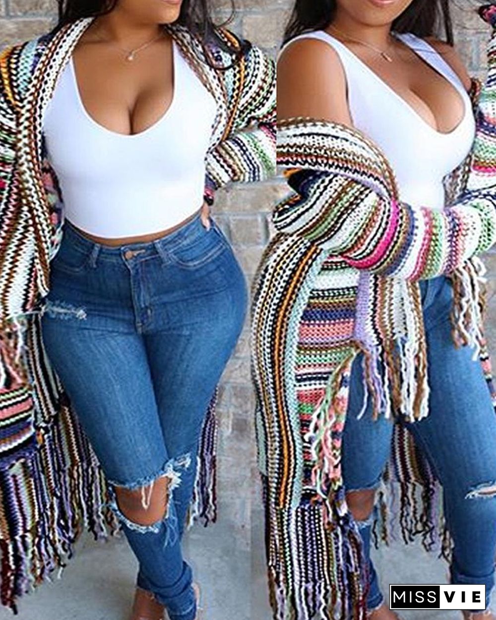 Colorblock Tassel Design Knit Longline Cardigan