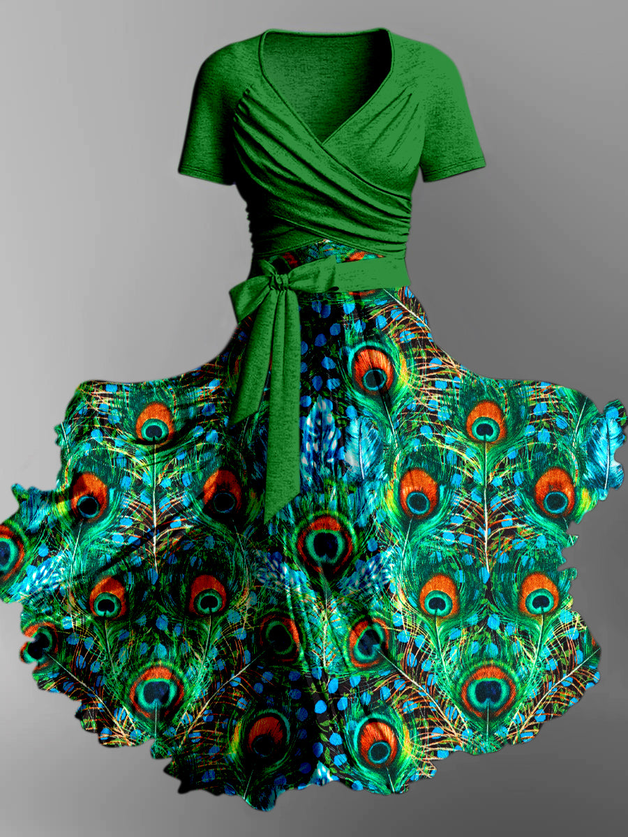 Peacock Feather Print Vintage V-Neck Short Sleeve Two-Piece Midi Dress