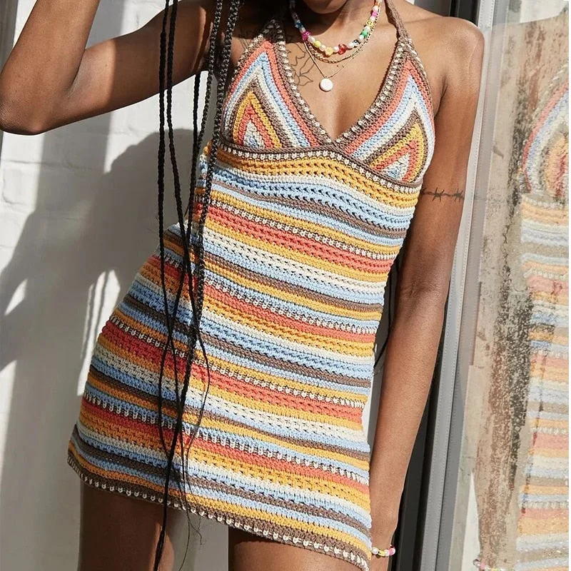 Beach Style Knitted Dress Chic Women Summer Sexy Backless Deep V-neck Halter Dress Y2K Streetwear Vacation Casual Vestido 1226