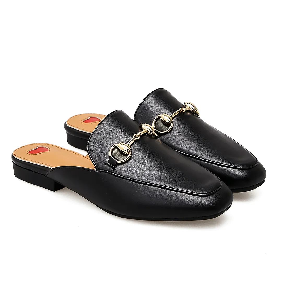 Red Heart Buckle Black Mules Shoes-vocosishoes