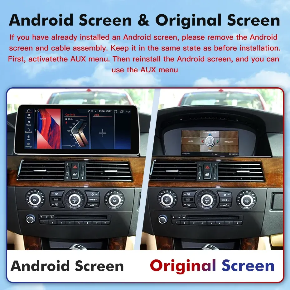 BMW E60 Android screen AUX activation installation order