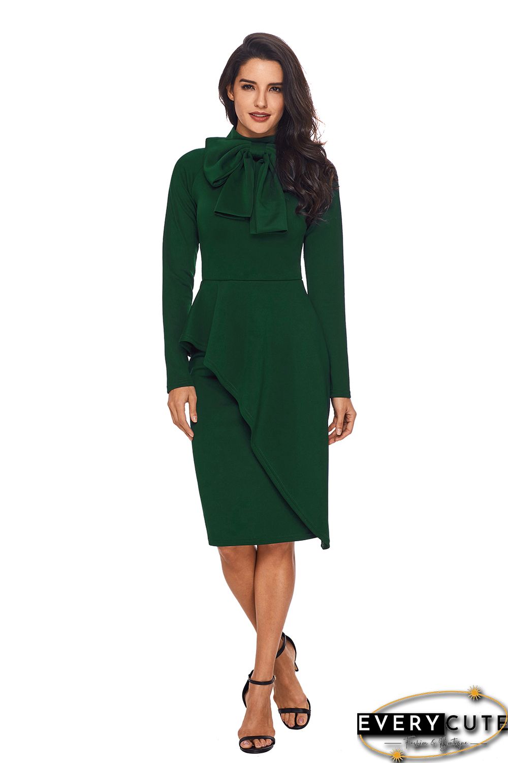 Jade Green Asymmetric Peplum Style Pussy Bow Dress
