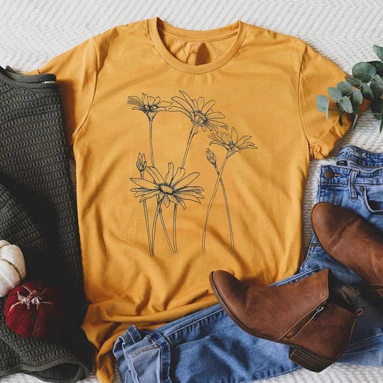 Original Ink Daisy Drawing T-Shirt Tee - 01037-Annaletters