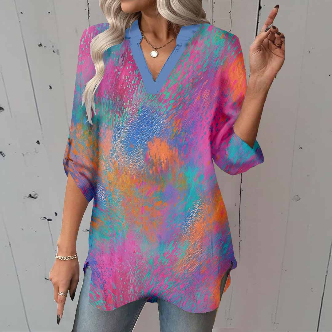 Women Tie-Dyed, Red DZGA0353 3/4 Sleeve V-neck Printed Graphic Button Tops
