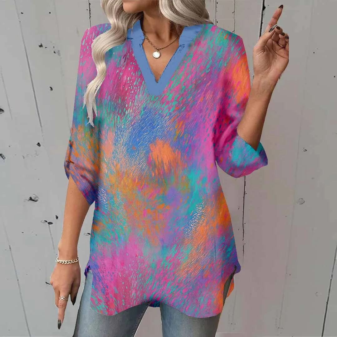 Women Tie-Dyed, Red DZGA0353 3/4 Sleeve V-neck Printed Graphic Button Tops