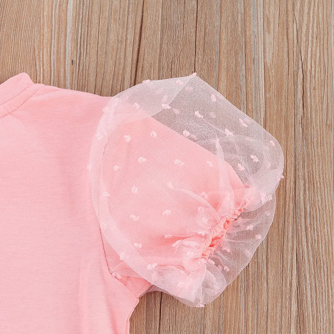 Infant Kids Baby Girls Puff Sleeve Long Pants Suit, Round Collar Pocket Two-pieces Set Solid Color Jeans Outfit