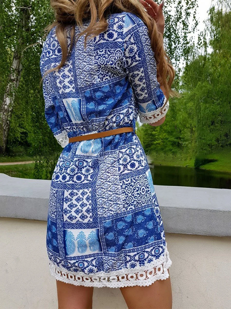 V-Neck lace Splicing printed Floral Dresses