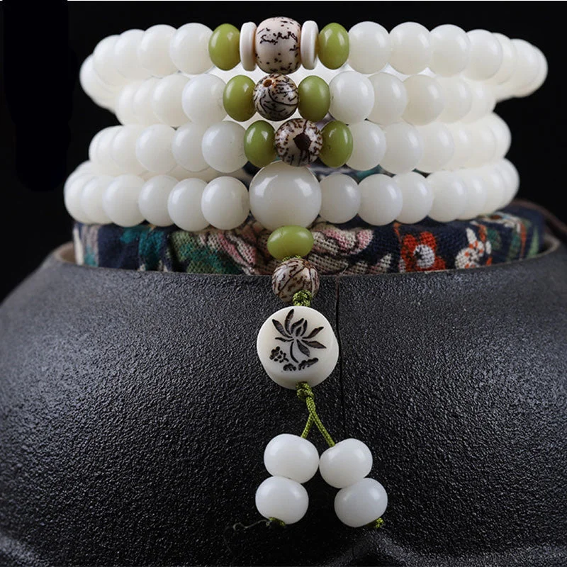 White Bodhi Seed Lotus Mala Harmony Necklace Bracelet