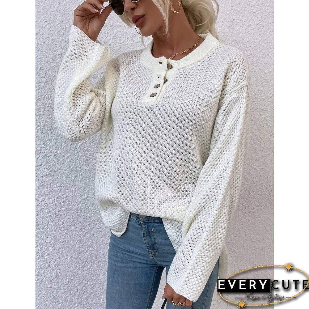 Beige Button-up Crew Neck Drop Shoulder Knit Sweater