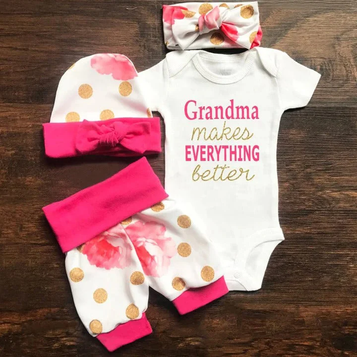 4PCS Grandma Makes Everything Better Letter Floral Printed Baby Set