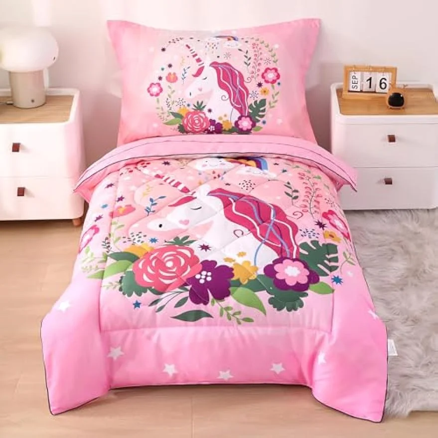  4 Piece Unicorn Toddler Bedding Set Pink Floral Toddler Comforter Sheet Sets Flower Bed-in-a-Bag Super Soft and Comfortable, A for Baby Girls