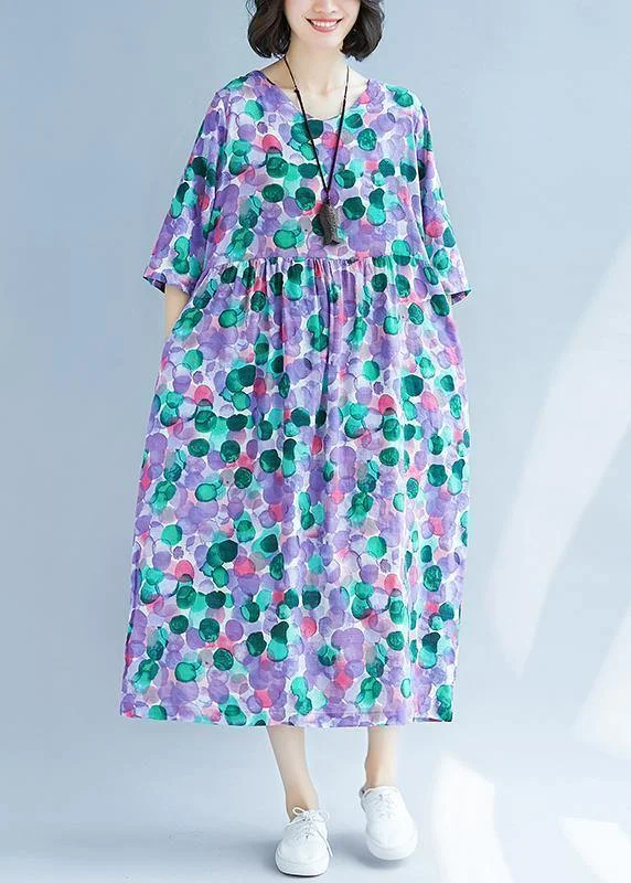 Elegant purple prints cotton linen quilting dresses Cinched waist Love summer Dress