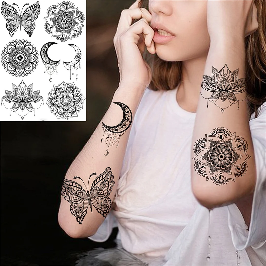 Lace Butterfly Temporary Tattoos For Women Girls Kids Tribal Black Henna Tattoo Sticker Mandala Flower Fake Jewelry Tatoos Adult