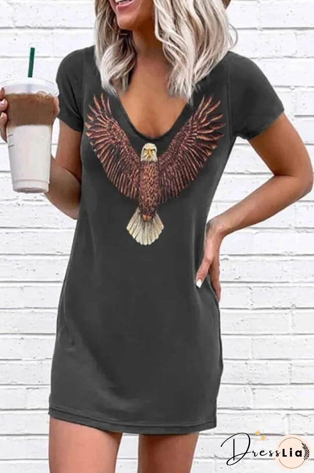 Loose V-Neck Eagle Print Short Sleeves Mini Dress