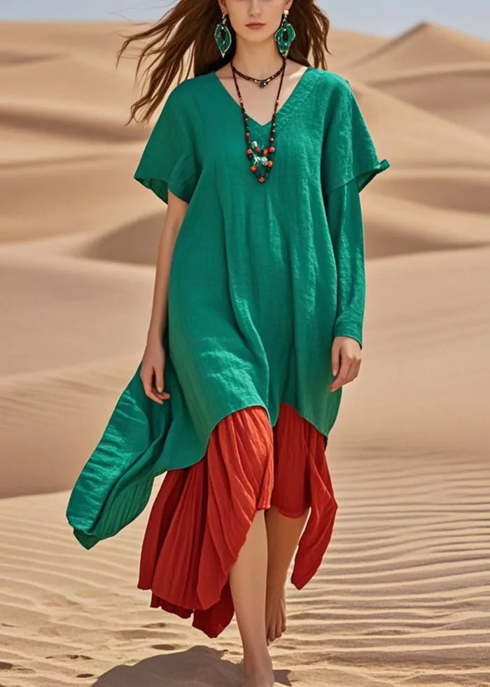 Vintage Green Oversized Patchwork Cotton Robe Dresses Summer