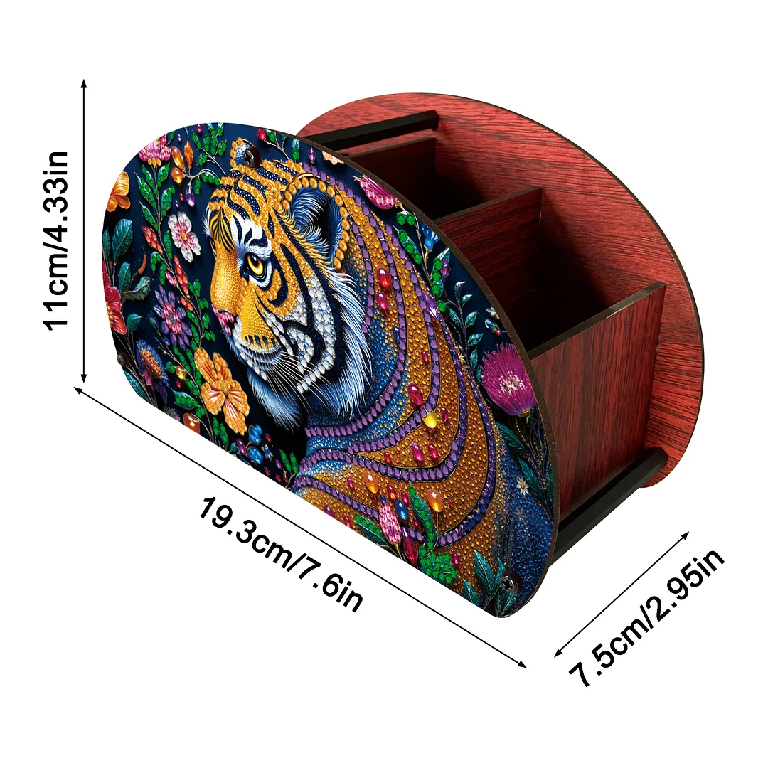 DIY Gem Tiger Design Wooden Diamond Painting Makeup Brush Storage Box Organizer